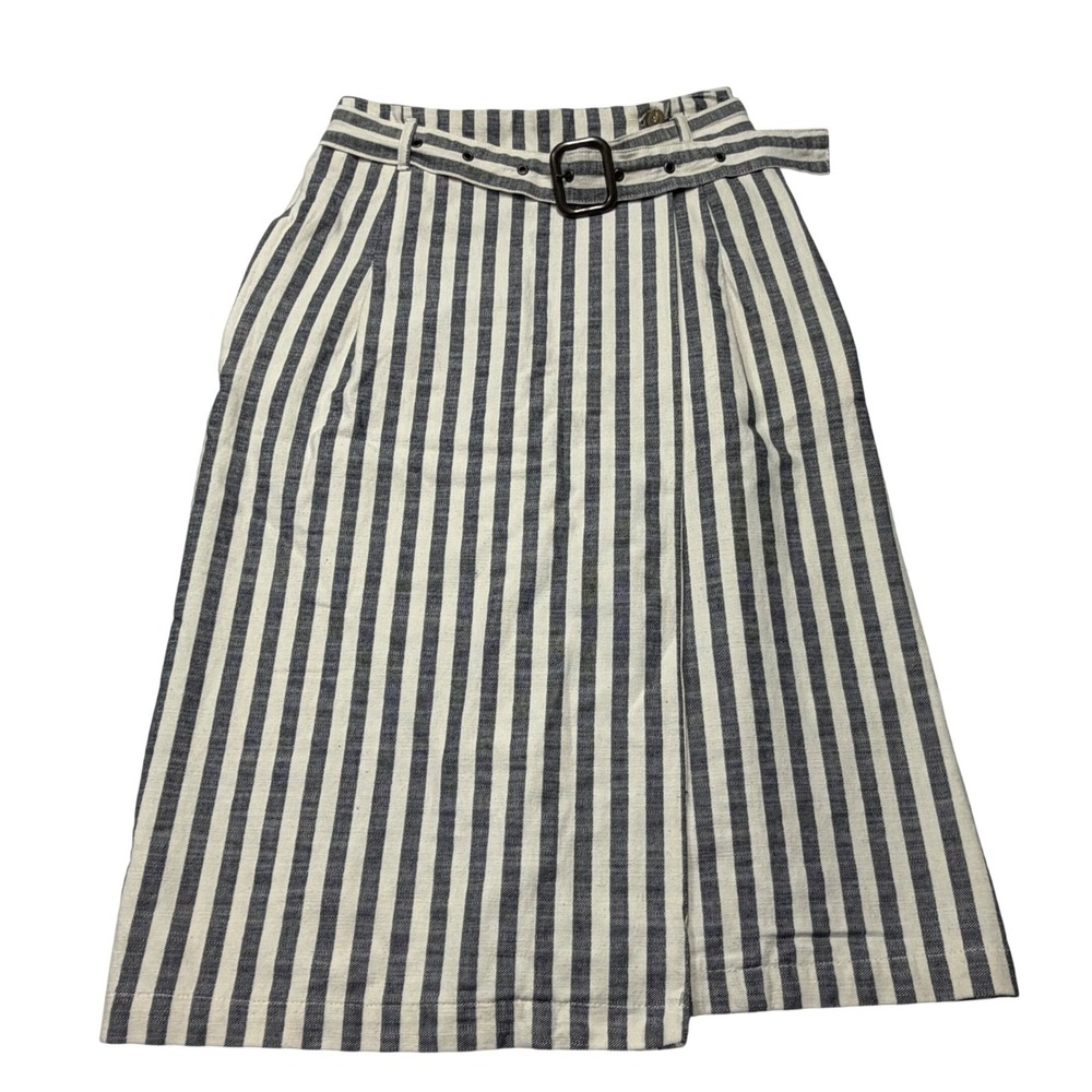 Anthropologie Womens Midi Skirt Striped Belted Wrap Navy Cream Cotton Blend 6